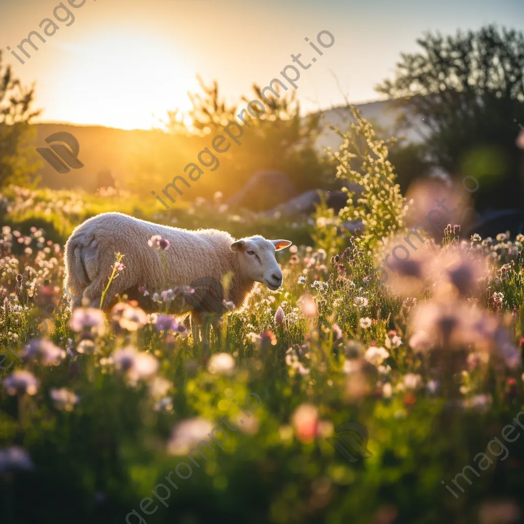 Shepherd observing sheep grazing in a colorful wildflower meadow - Image 3