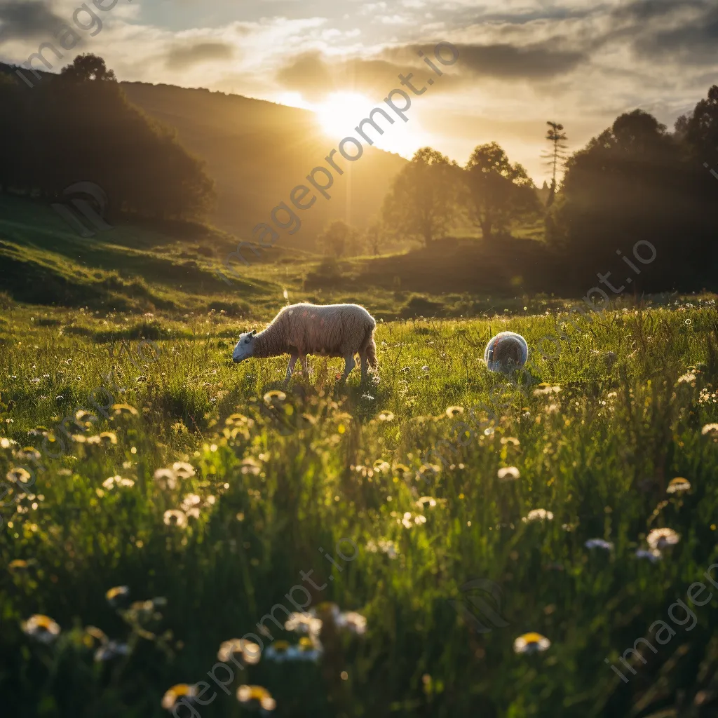 Shepherd observing sheep grazing in a colorful wildflower meadow - Image 4