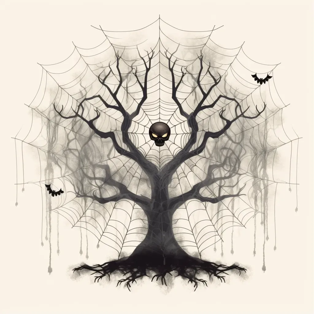 Haunted tree with glowing eyes, spider web, bats Halloween logo - Image 1