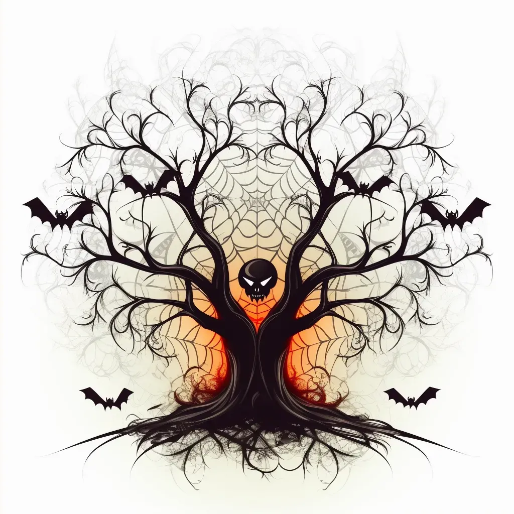 Haunted tree with glowing eyes, spider web, bats Halloween logo - Image 2