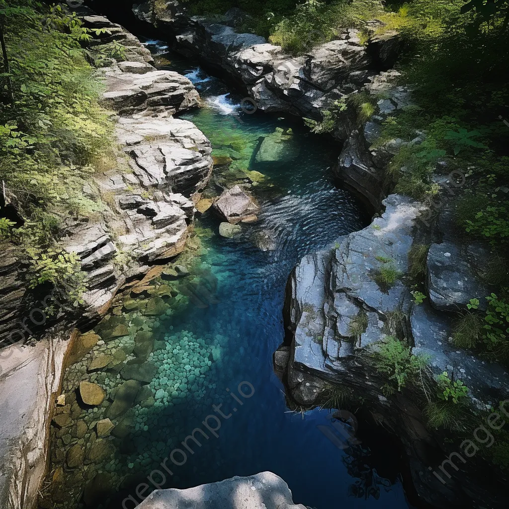 Mountain stream cascading over stone steps into deep blue pool surrounded by greenery. - Image 1