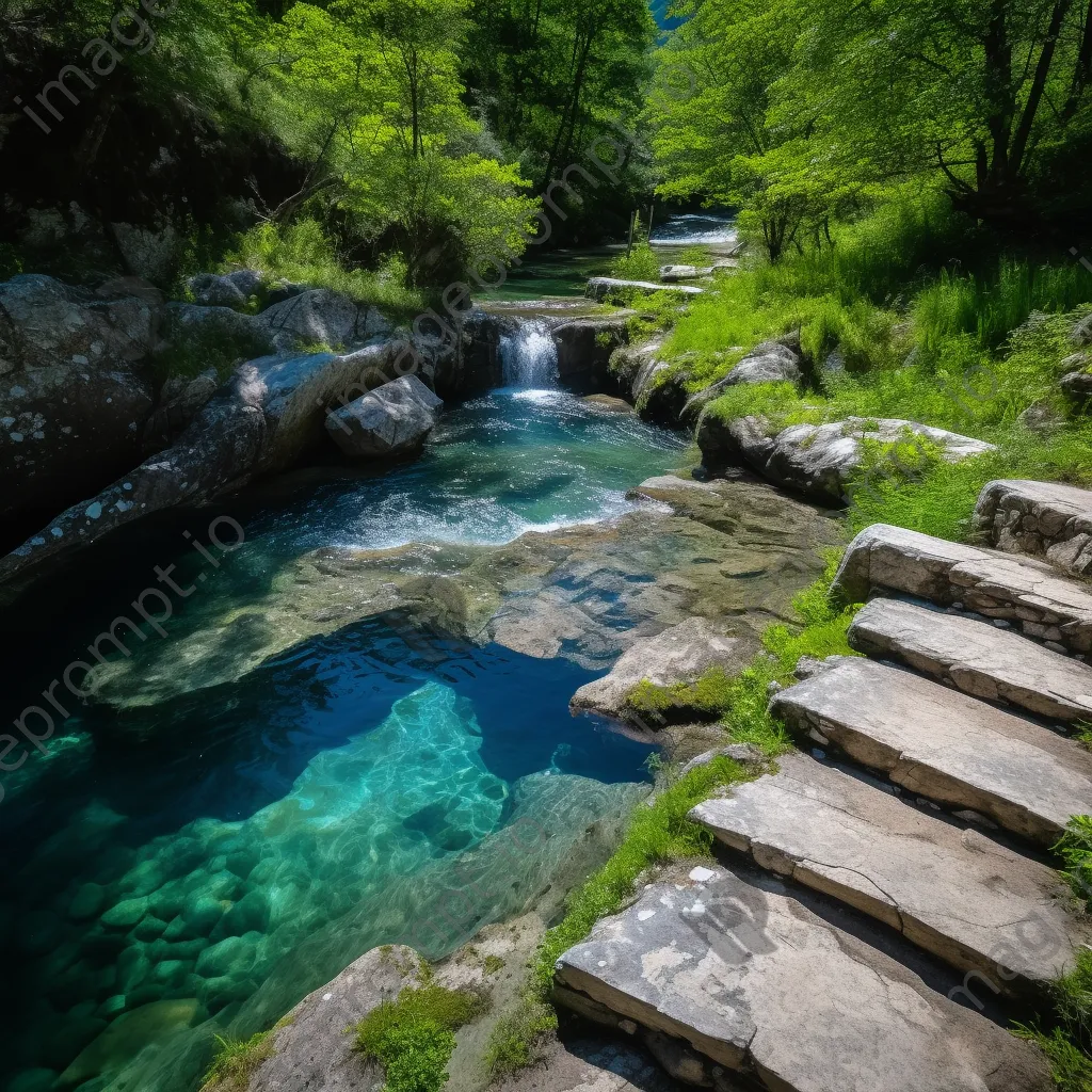 Mountain stream cascading over stone steps into deep blue pool surrounded by greenery. - Image 2