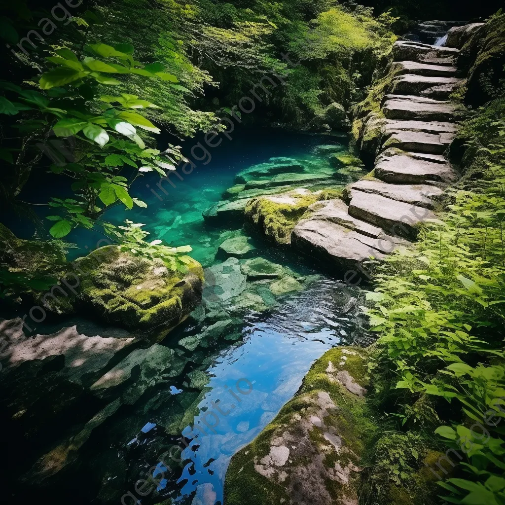 Mountain stream cascading over stone steps into deep blue pool surrounded by greenery. - Image 3