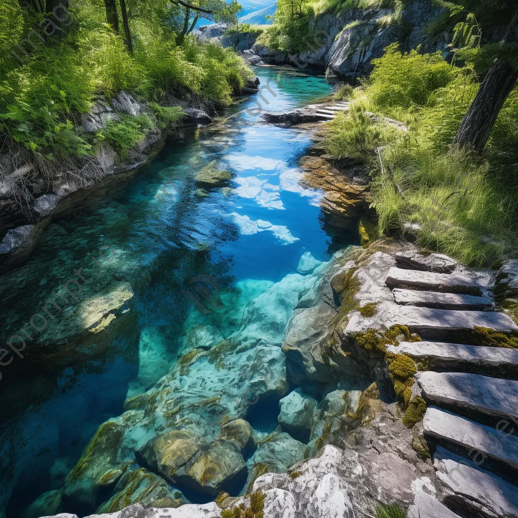 Mountain stream cascading over stone steps into deep blue pool surrounded by greenery. - Image 4