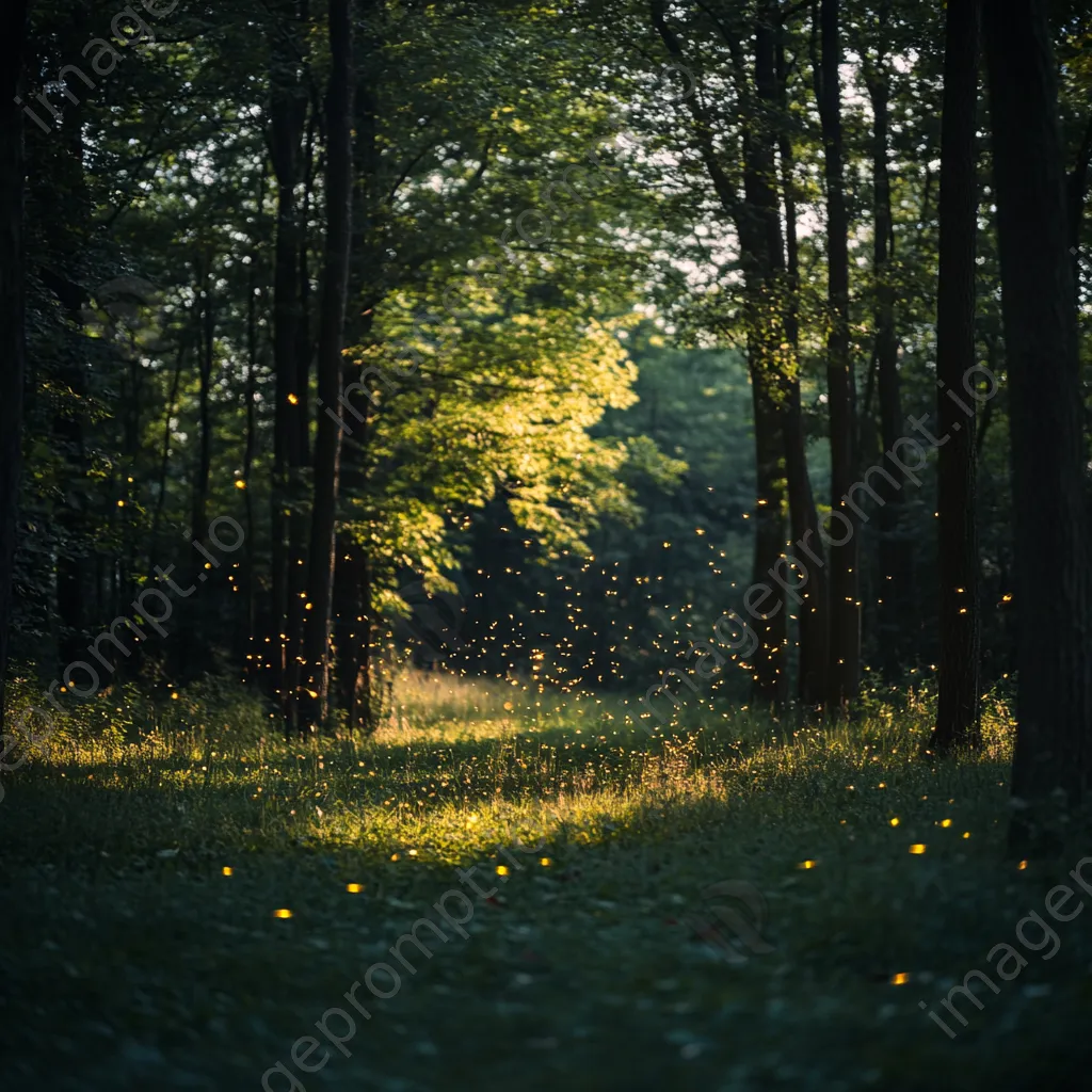 Woodland clearing at twilight with fireflies lighting the scene. - Image 1