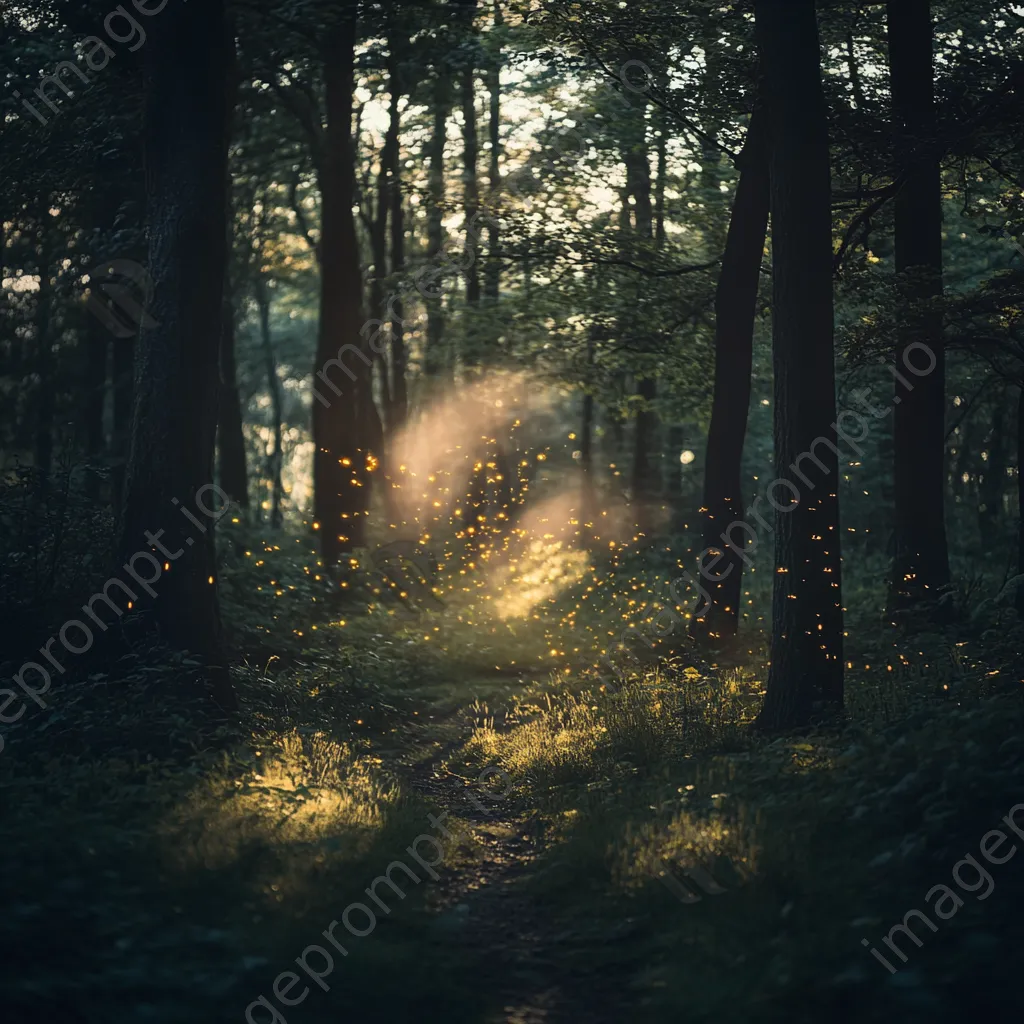 Woodland clearing at twilight with fireflies lighting the scene. - Image 2