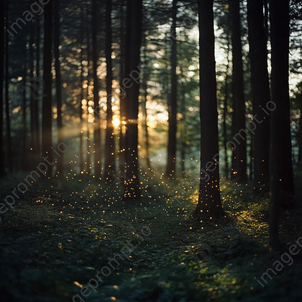 Woodland clearing at twilight with fireflies lighting the scene. - Image 3