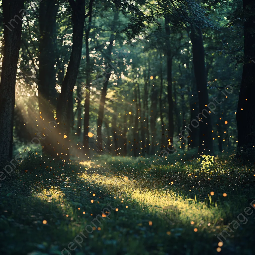 Woodland clearing at twilight with fireflies lighting the scene. - Image 4