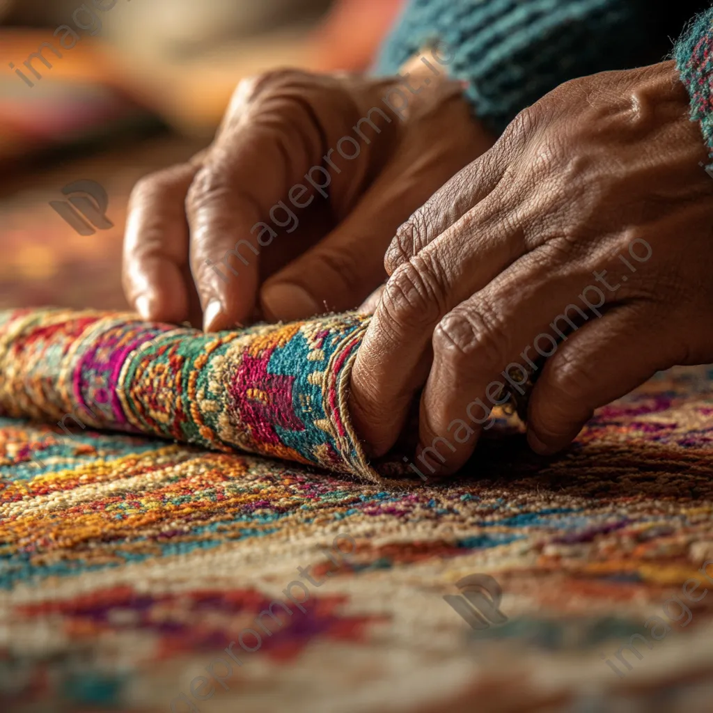 Close-up of hands knotting threads for a rug. - Image 1