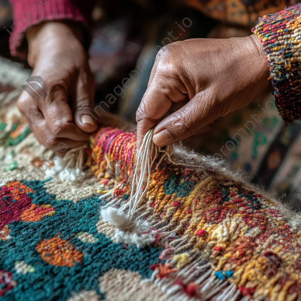 Close-up of hands knotting threads for a rug. - Image 2