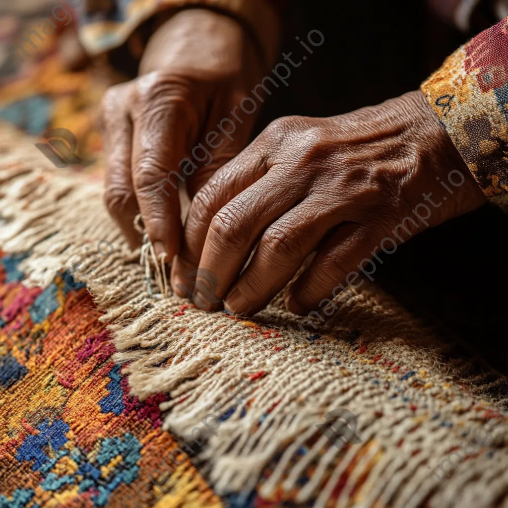 Close-up of hands knotting threads for a rug. - Image 3