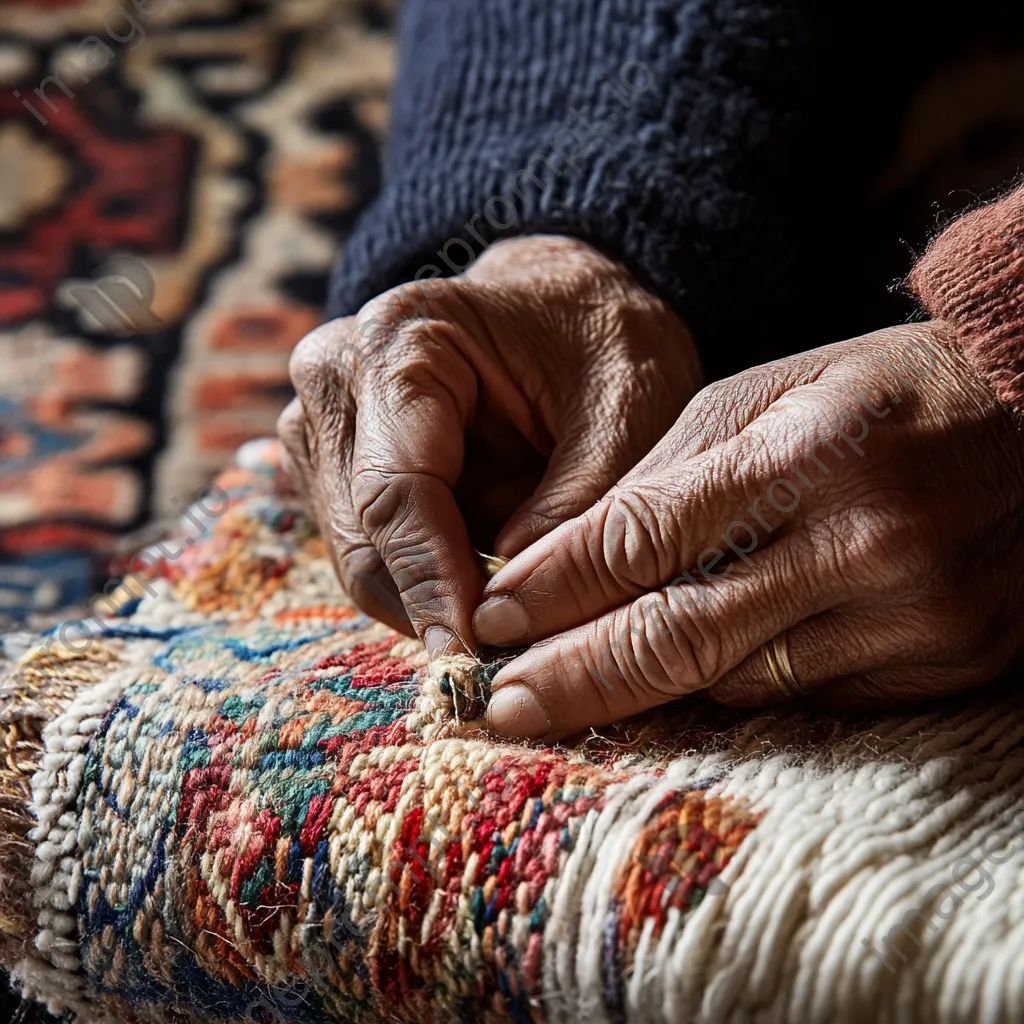 Close-up of hands knotting threads for a rug. - Image 4