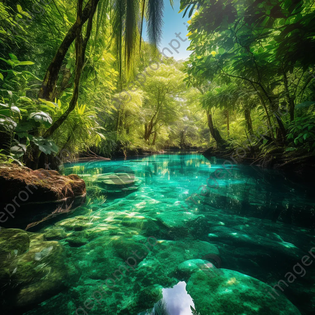 Vibrant turquoise mineral pool surrounded by green foliage. - Image 1