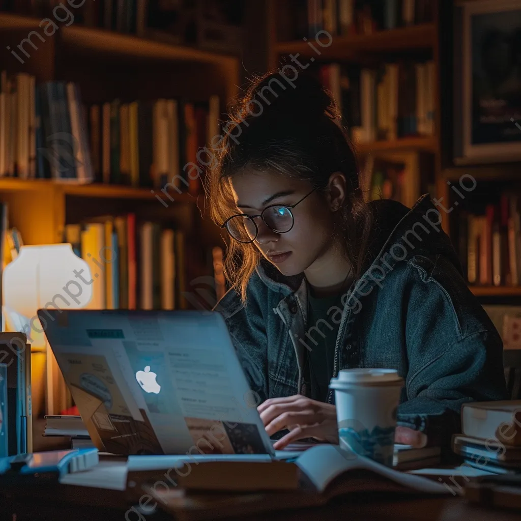 Student studying late at night in a dimly lit room with coffee. - Image 1