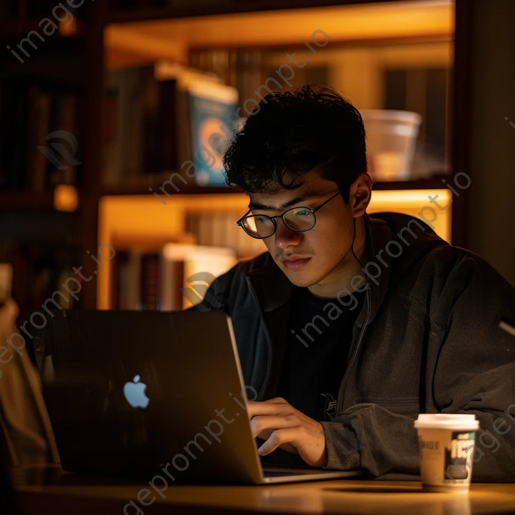 Student studying late at night in a dimly lit room with coffee. - Image 2