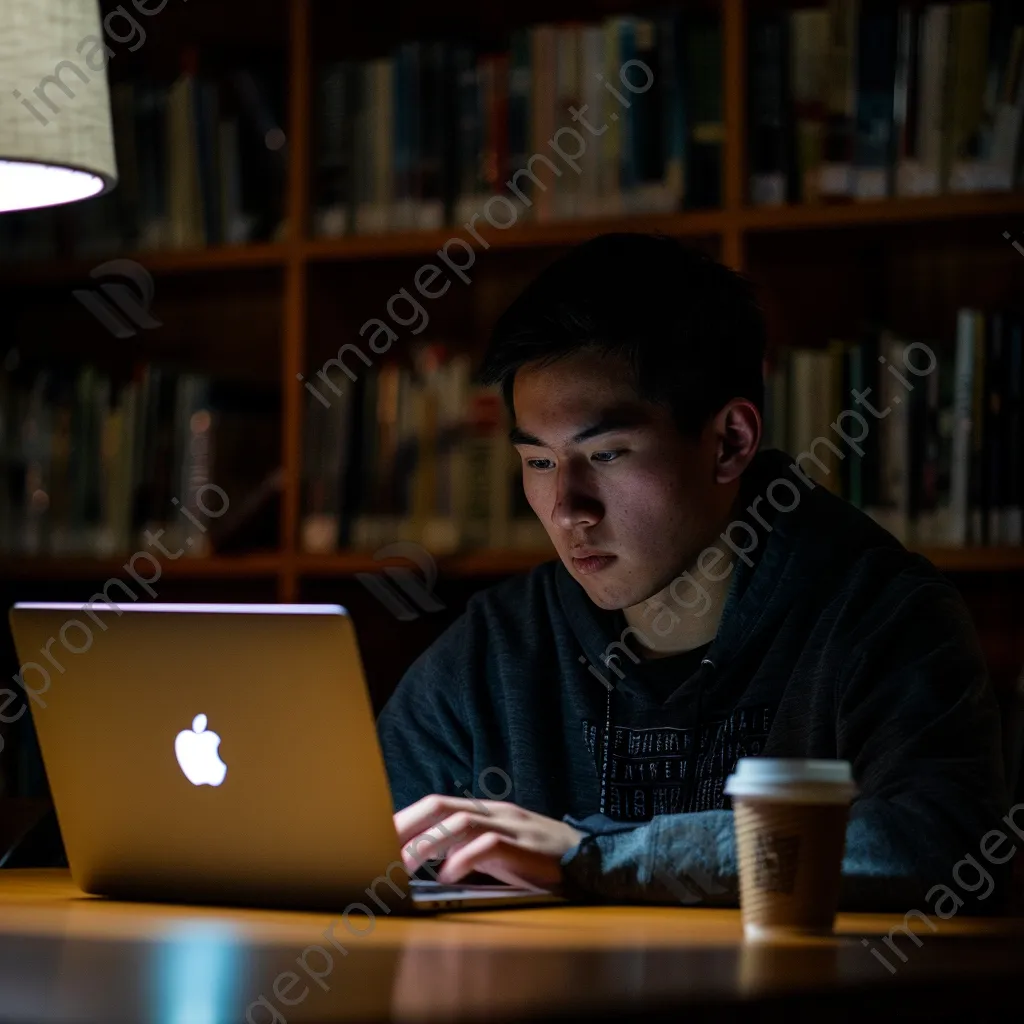 Student studying late at night in a dimly lit room with coffee. - Image 3