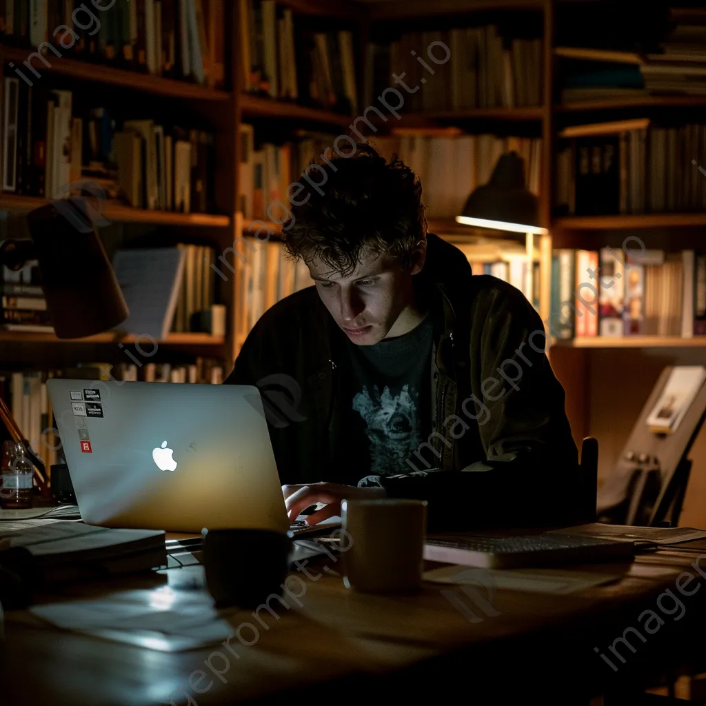 Student studying late at night in a dimly lit room with coffee. - Image 4