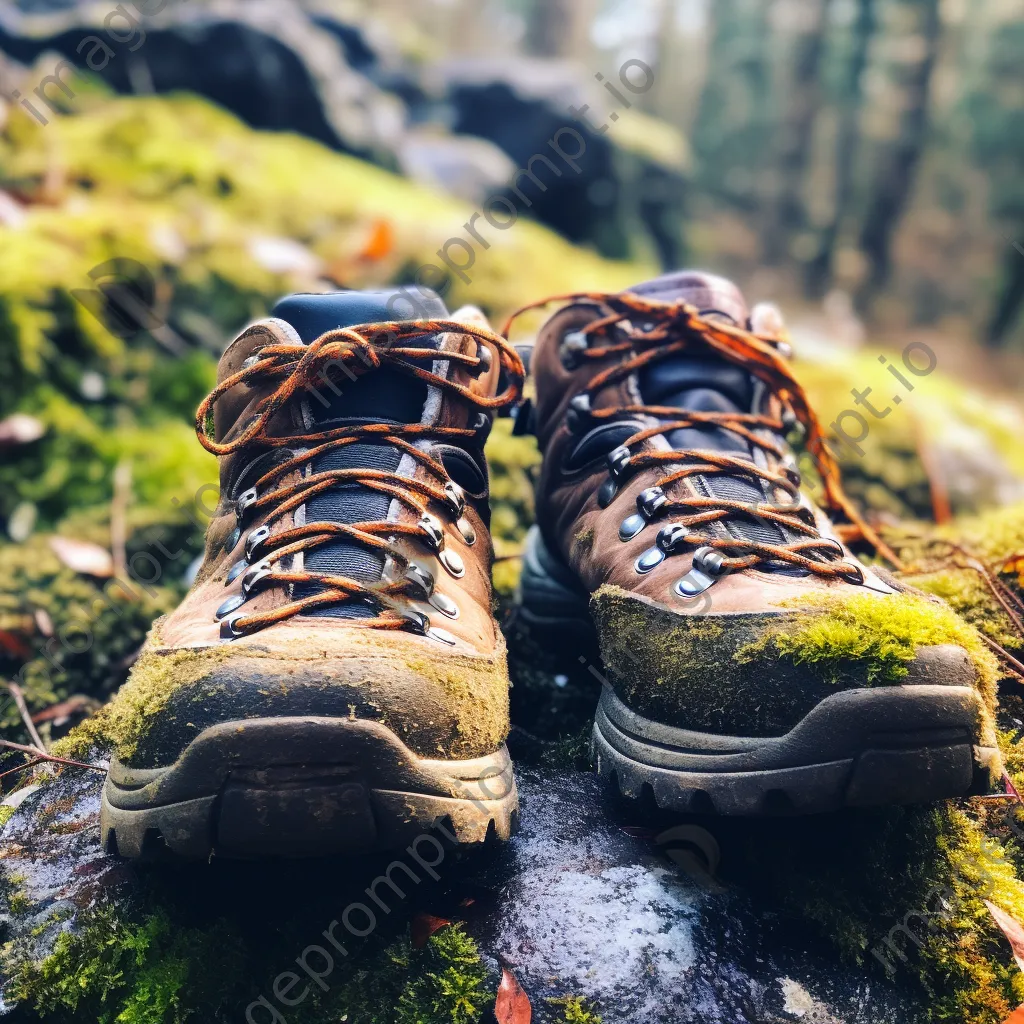 Close-up of hiking boots on a rocky trail with moss and twigs in focus. - Image 1