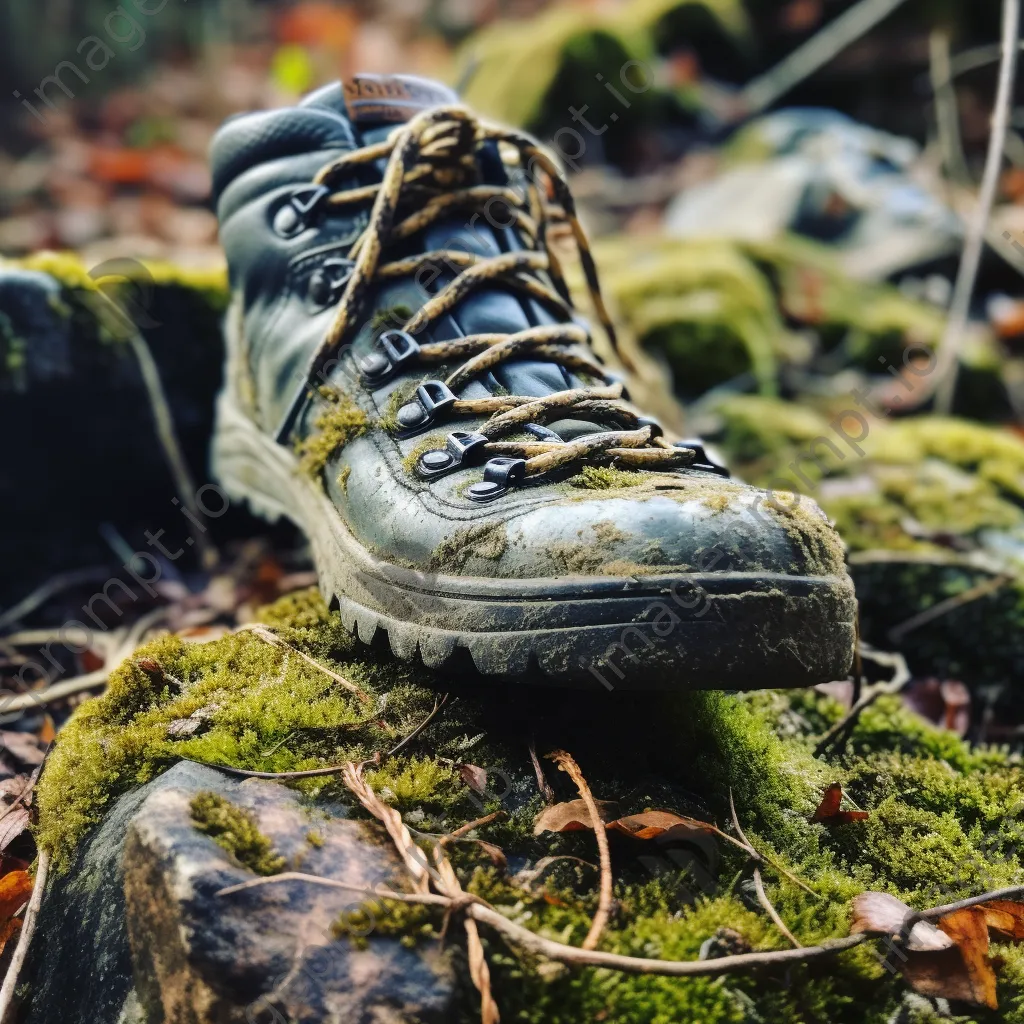 Close-up of hiking boots on a rocky trail with moss and twigs in focus. - Image 2