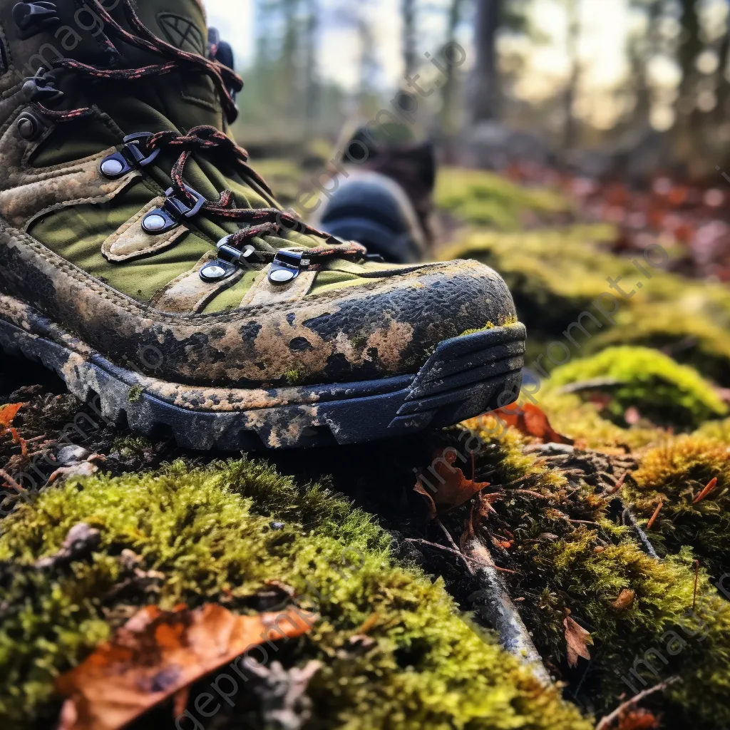 Close-up of hiking boots on a rocky trail with moss and twigs in focus. - Image 4