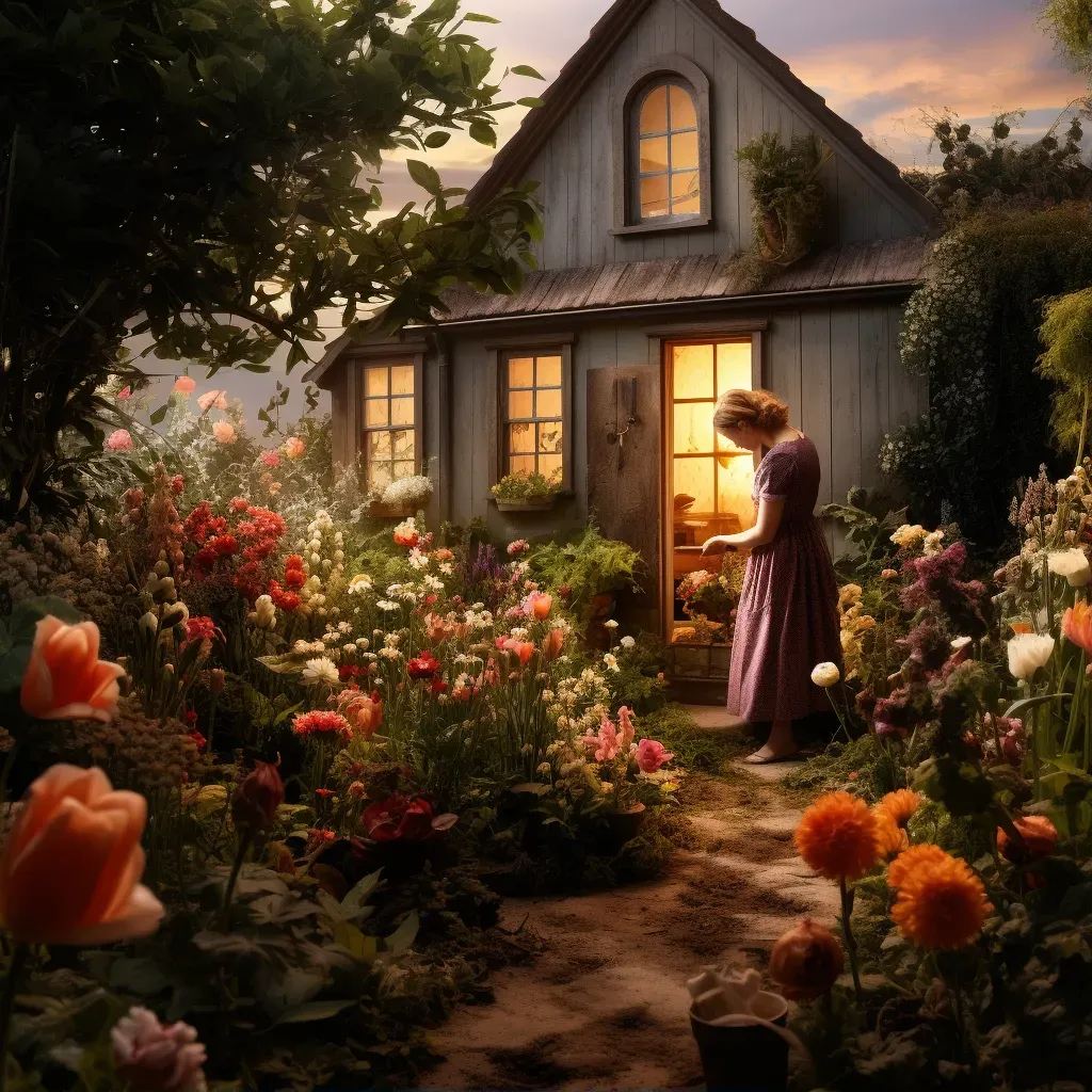 Image of woman tending vibrant flower garden by cottage - Image 1