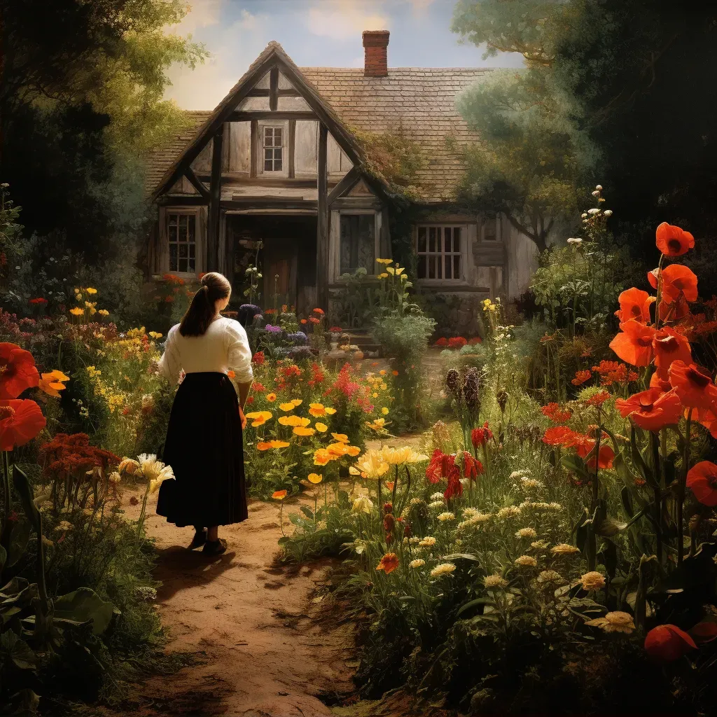 Image of woman tending vibrant flower garden by cottage - Image 2