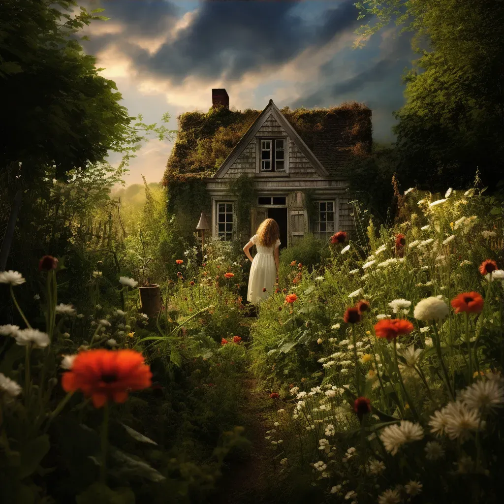 Image of woman tending vibrant flower garden by cottage - Image 3