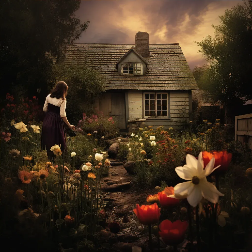 Image of woman tending vibrant flower garden by cottage - Image 4