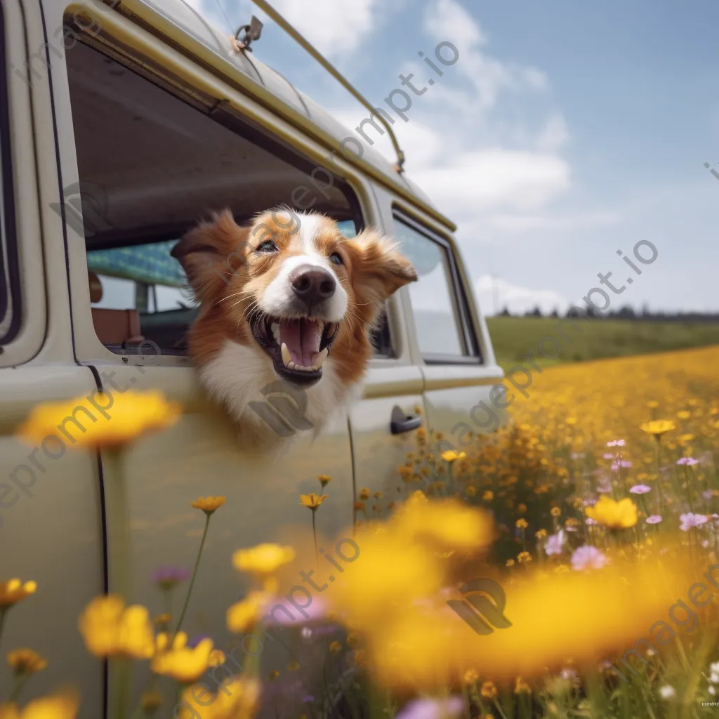 Dog with head out of a colorful van window on a countryside road - Image 1