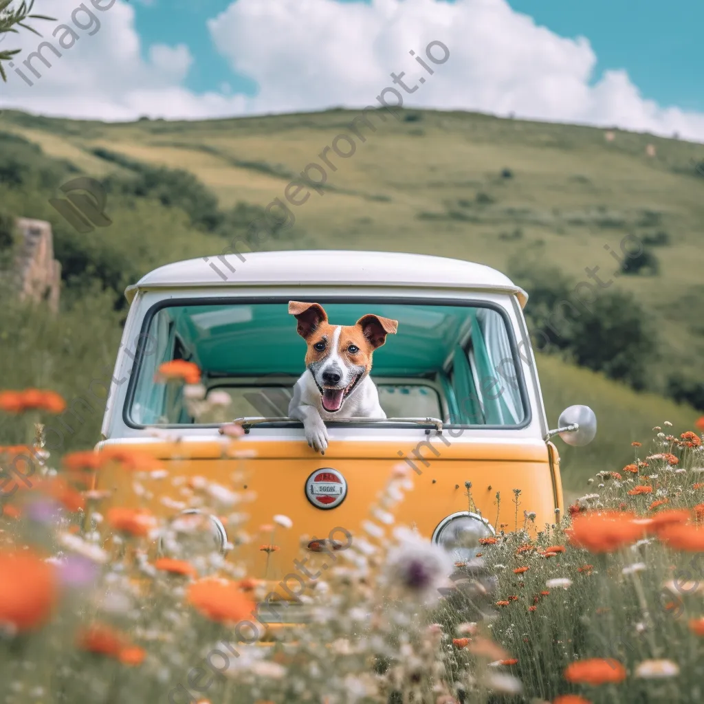 Dog with head out of a colorful van window on a countryside road - Image 2