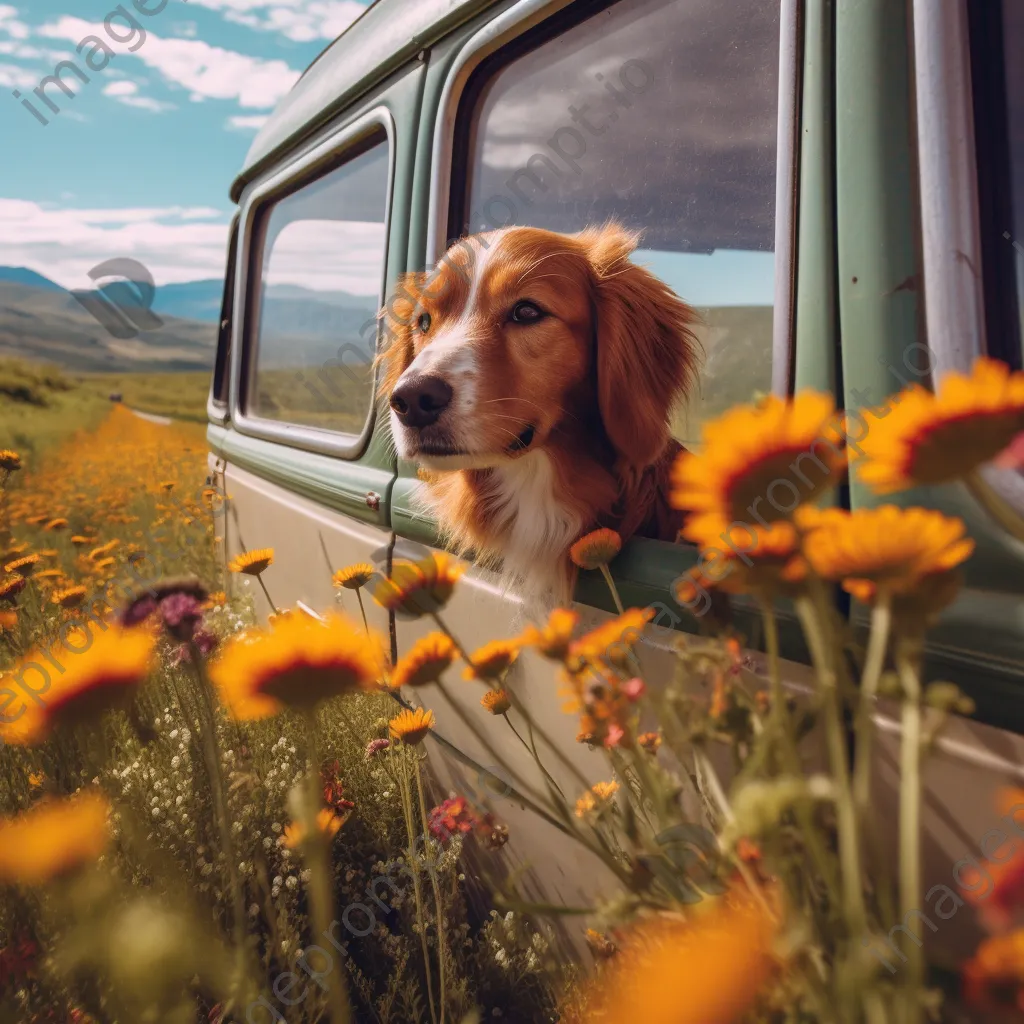 Dog with head out of a colorful van window on a countryside road - Image 3