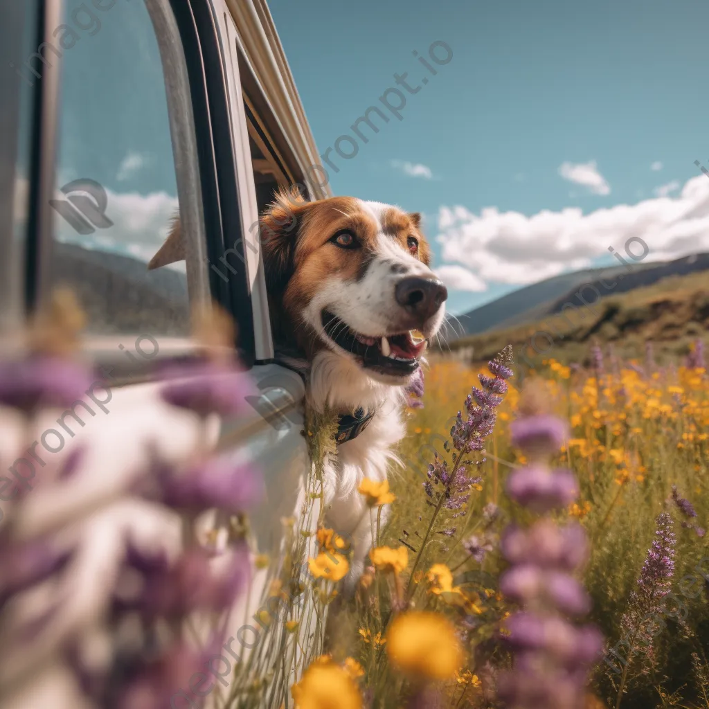 Dog with head out of a colorful van window on a countryside road - Image 4