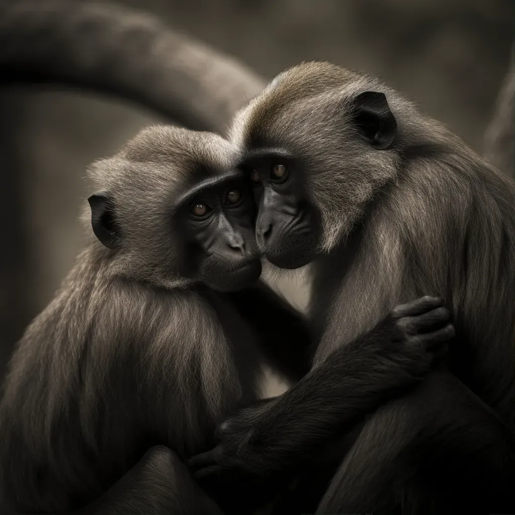 Image of two monkeys grooming each other - Image 1