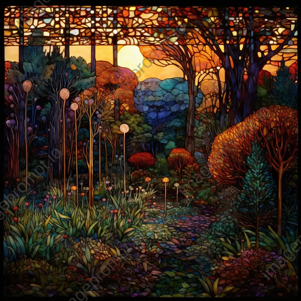 Stained glass mosaic of a secluded garden bathed in twilight during fall - Image 2