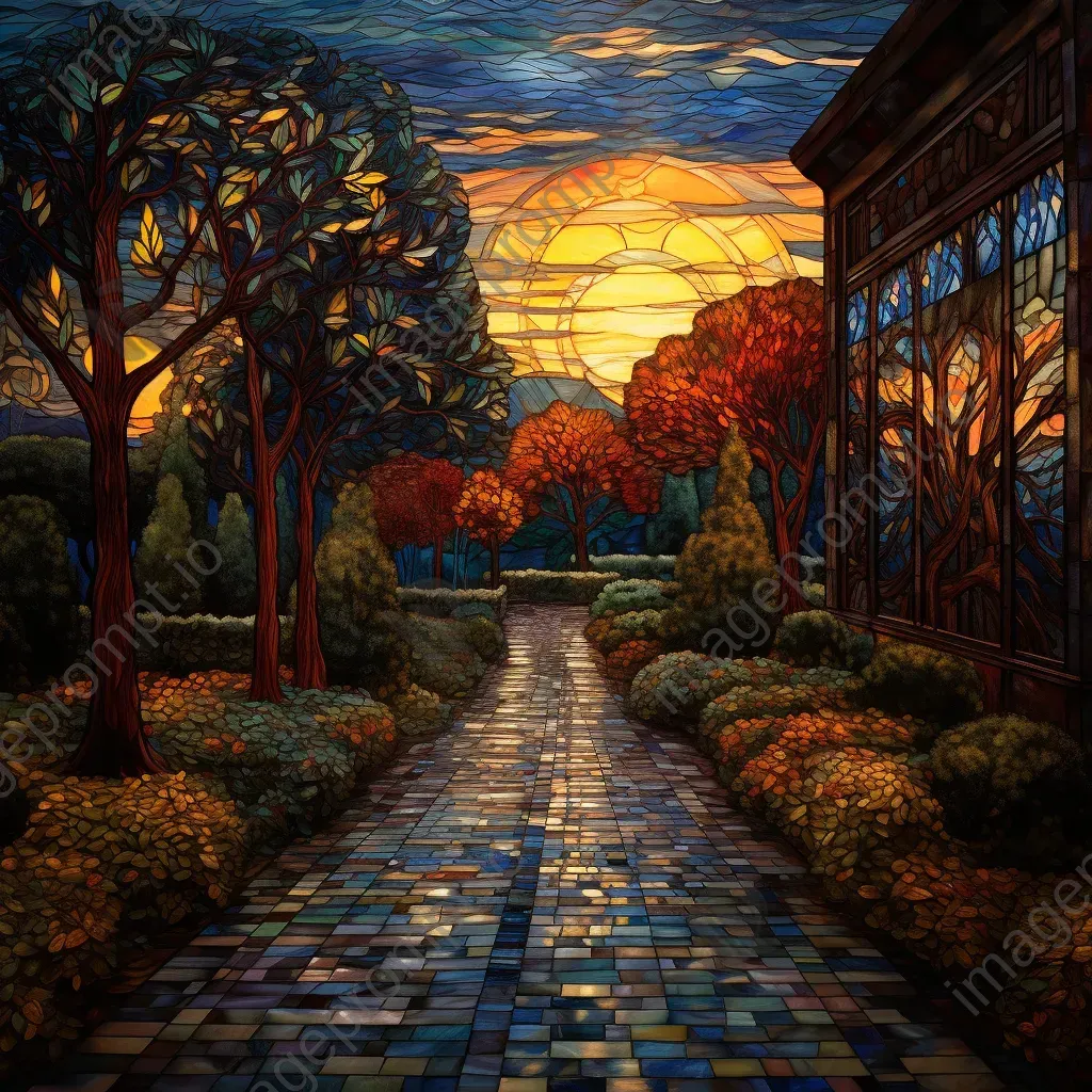 Stained glass mosaic of a secluded garden bathed in twilight during fall - Image 3