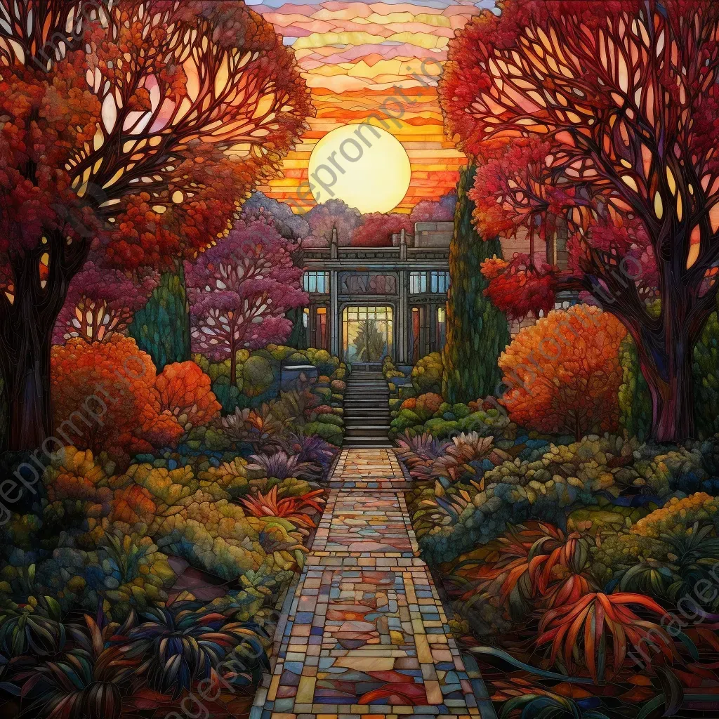 Stained glass mosaic of a secluded garden bathed in twilight during fall - Image 4