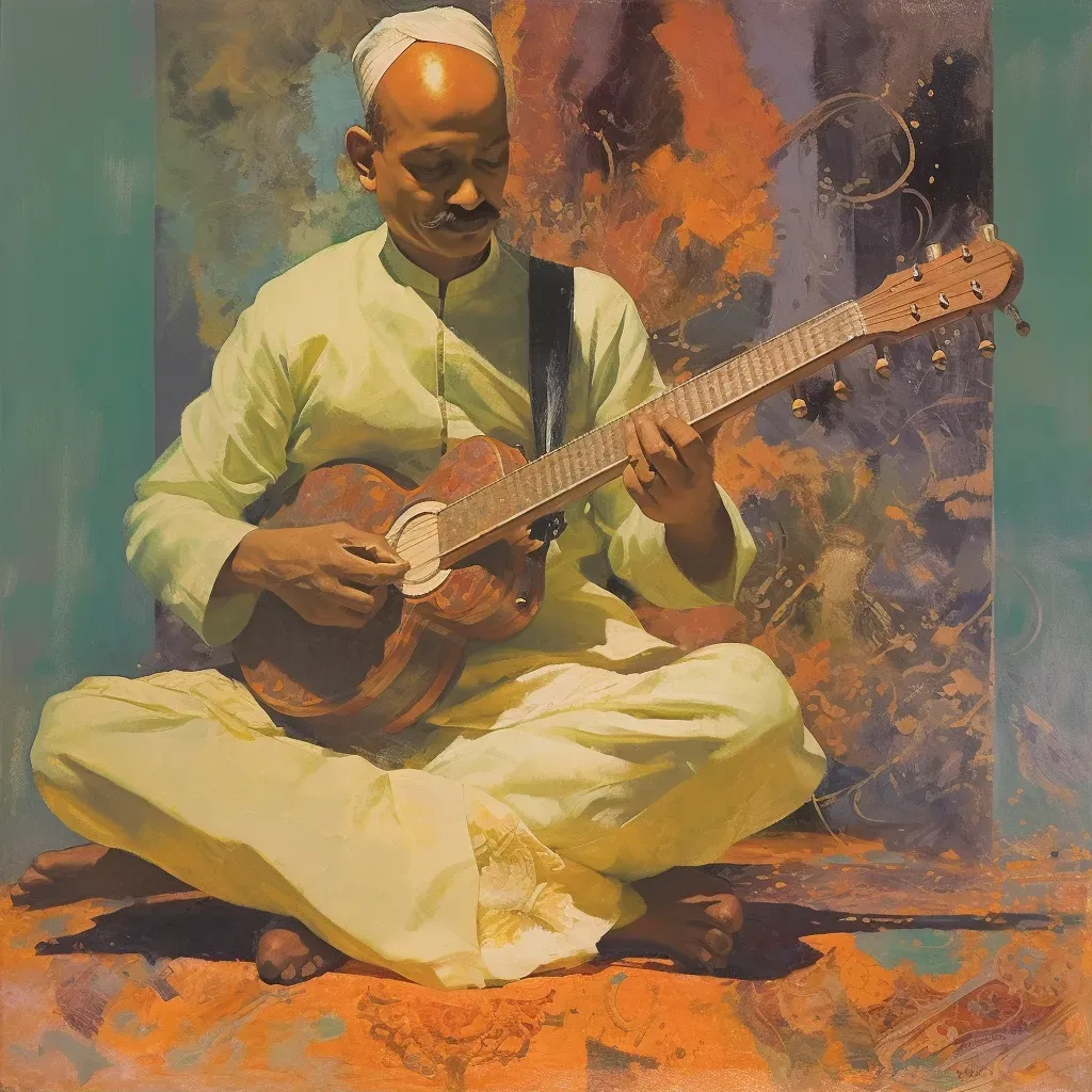 Image of a musician playing a hybrid instrument of sitar and guitar - Image 1