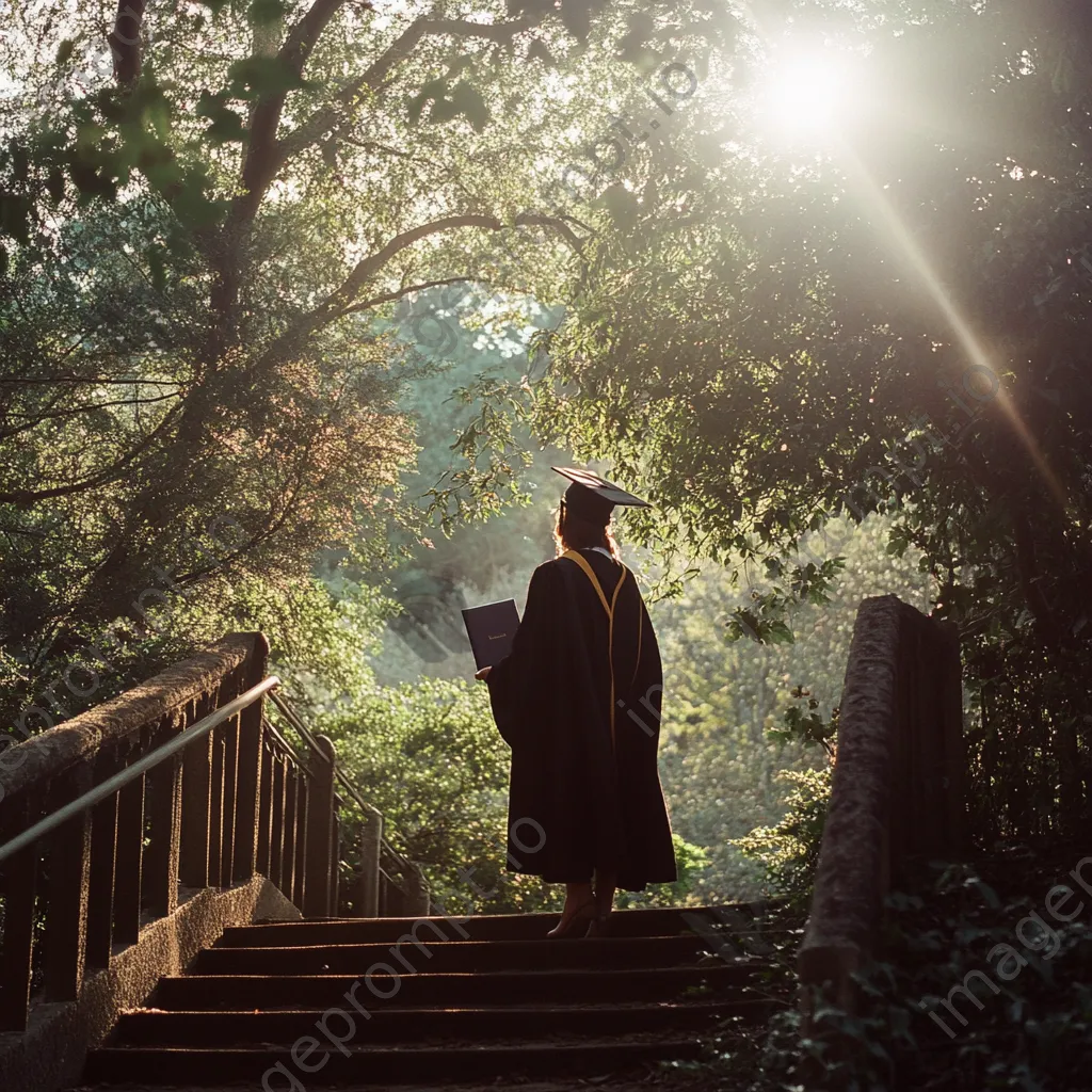 Thoughtful graduate on staircase with diploma - Image 1