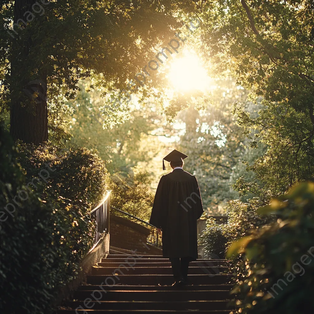 Thoughtful graduate on staircase with diploma - Image 3