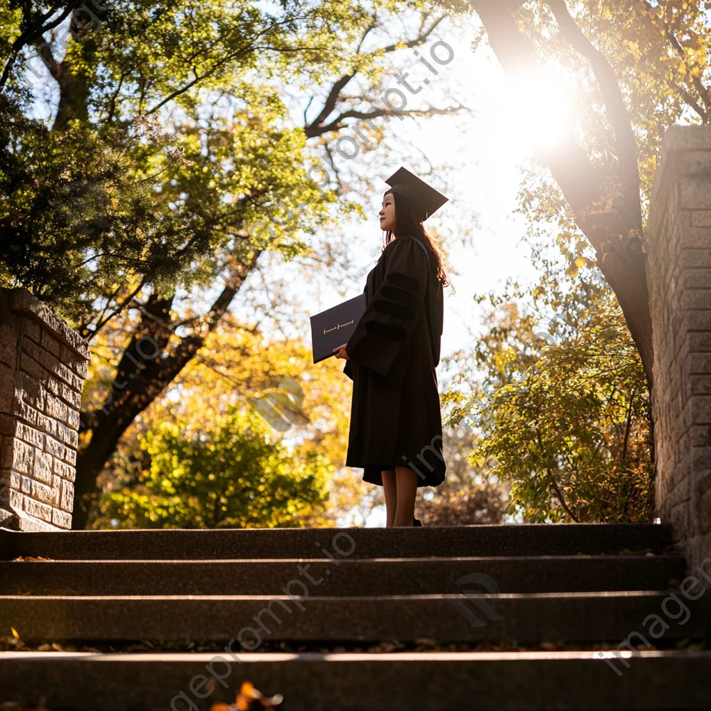 Thoughtful graduate on staircase with diploma - Image 4