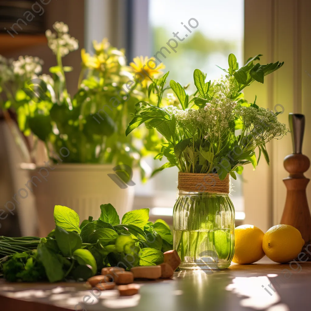 Close-up of fresh organic herbs in a glass vase on a kitchen counter with afternoon light. - Image 1