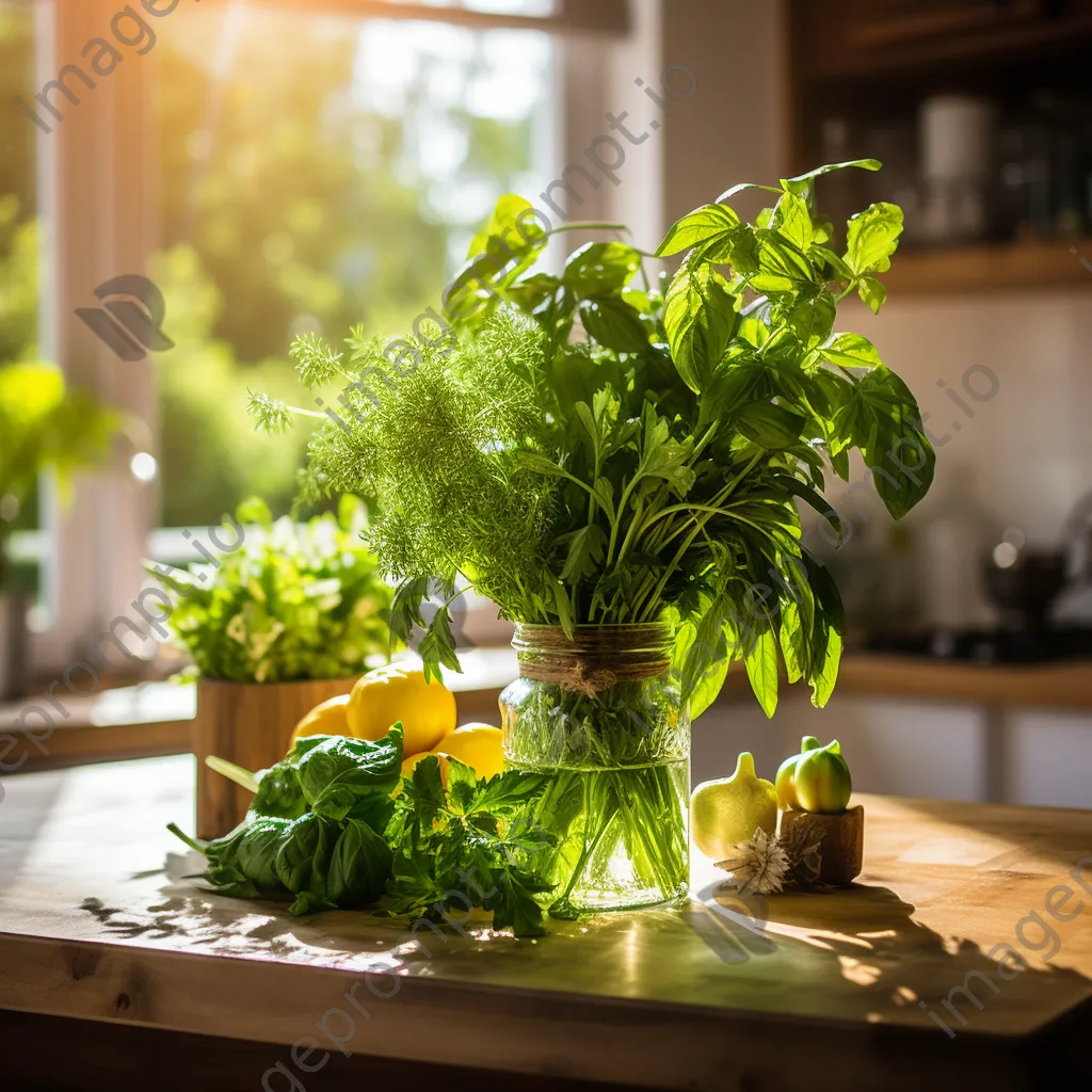 Close-up of fresh organic herbs in a glass vase on a kitchen counter with afternoon light. - Image 2