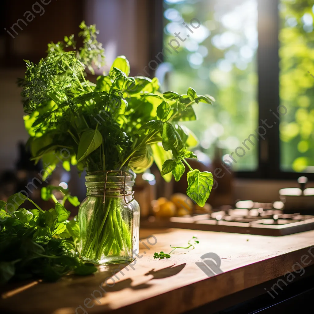 Close-up of fresh organic herbs in a glass vase on a kitchen counter with afternoon light. - Image 3