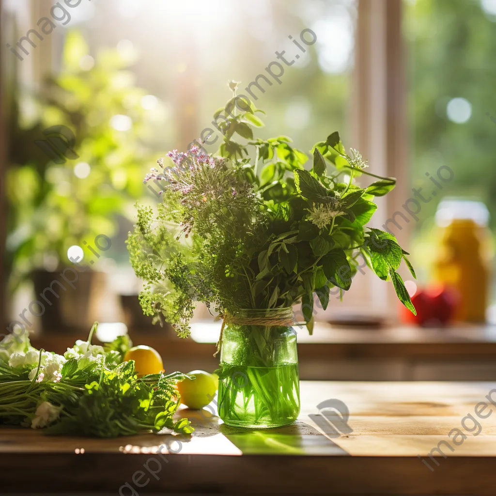 Close-up of fresh organic herbs in a glass vase on a kitchen counter with afternoon light. - Image 4