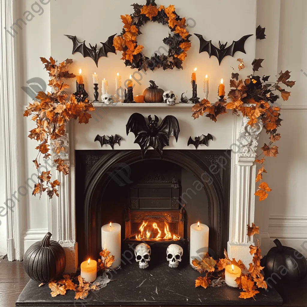 Halloween mantle with wood, candles, and spooky decor - Image 1