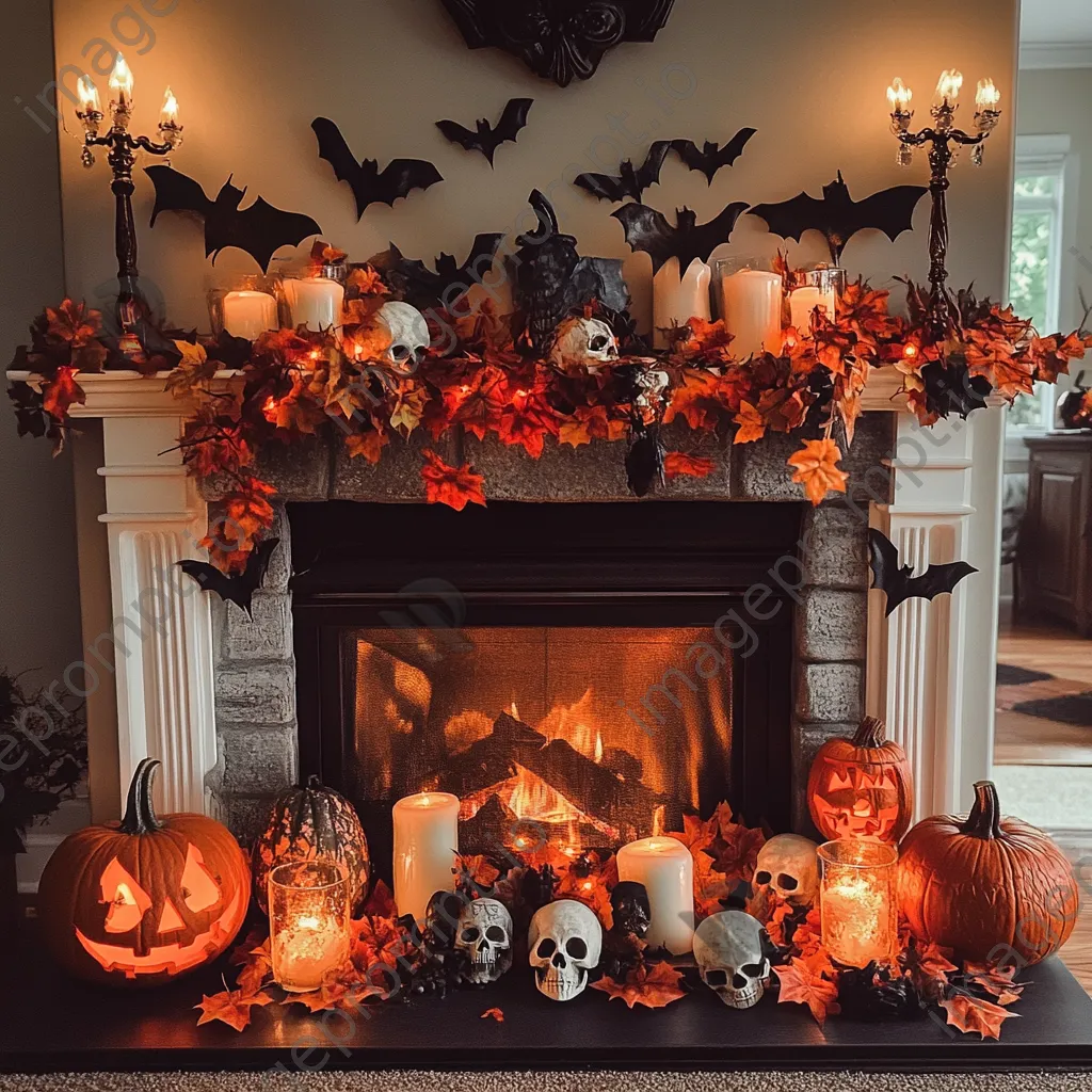 Halloween mantle with wood, candles, and spooky decor - Image 2