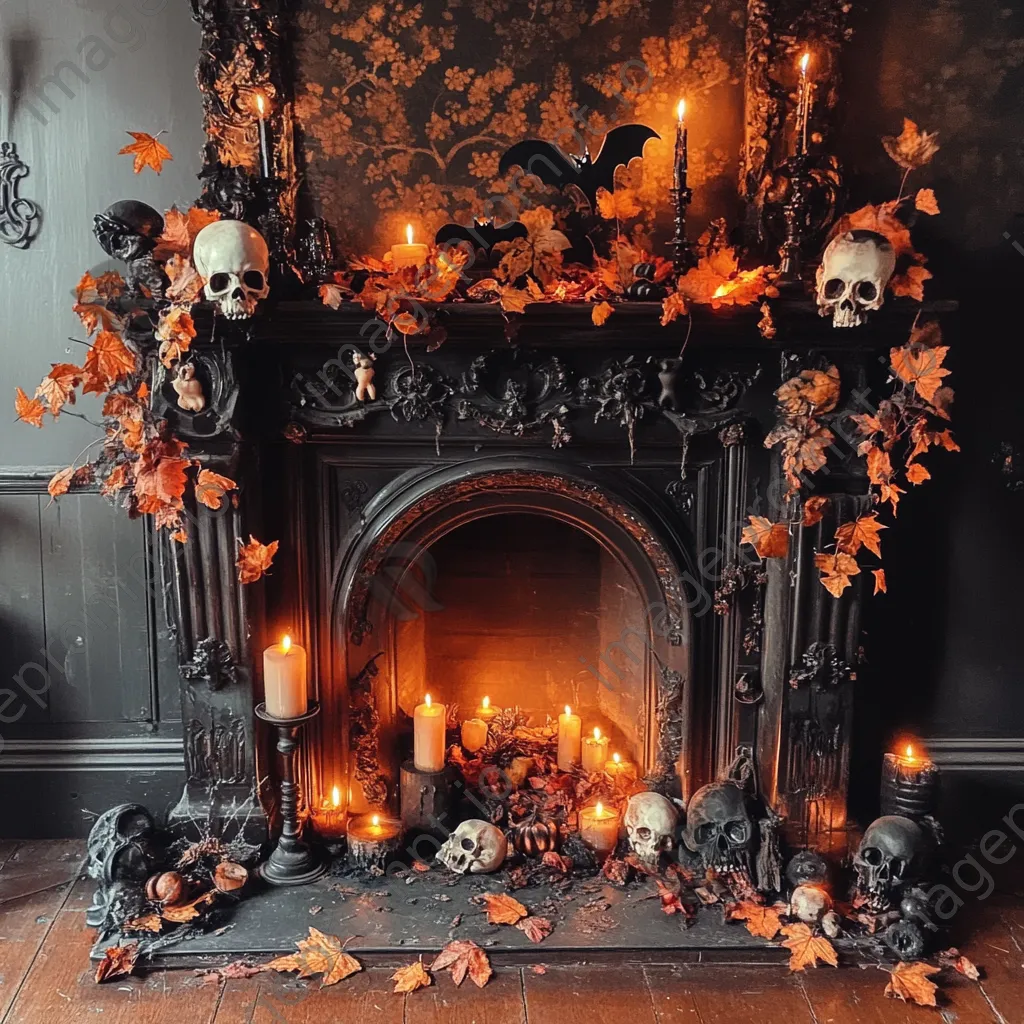 Halloween mantle with wood, candles, and spooky decor - Image 4