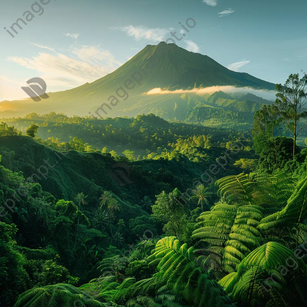 Panoramic shot of a dormant volcano with greenery at golden hour - Image 1