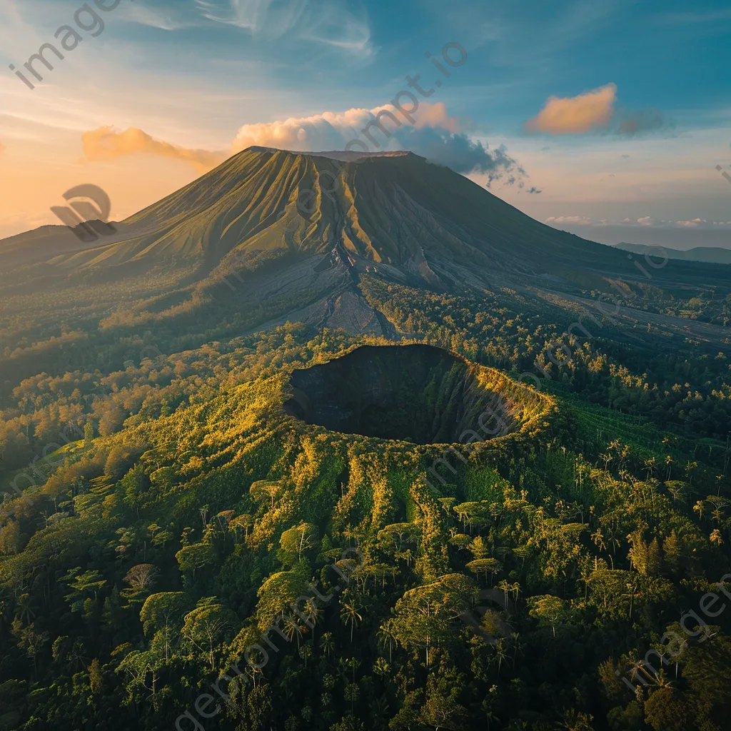 Panoramic shot of a dormant volcano with greenery at golden hour - Image 2