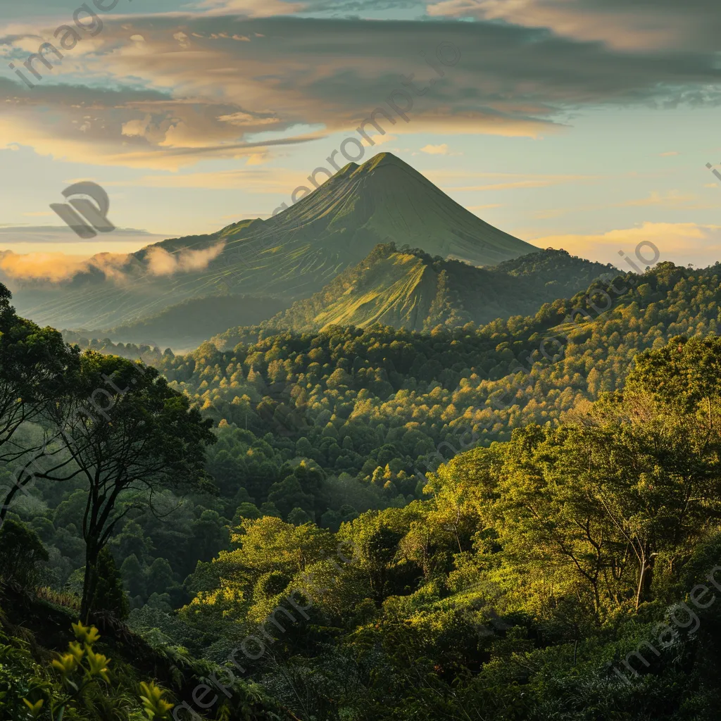 Panoramic shot of a dormant volcano with greenery at golden hour - Image 3